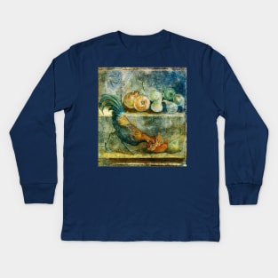 COCKEREL PECKING AT POMEGRANATES,FIGS AND PEARS ANTIQUE POMPEII MURAL PAINTING WITH FRUITS Kids Long Sleeve T-Shirt